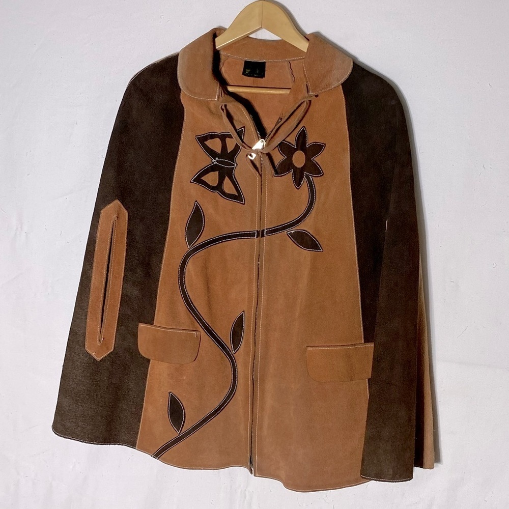 Vintage Two Tone Tan Brown Suede Leather Cape M Boho Western - Picture 16 of 16
